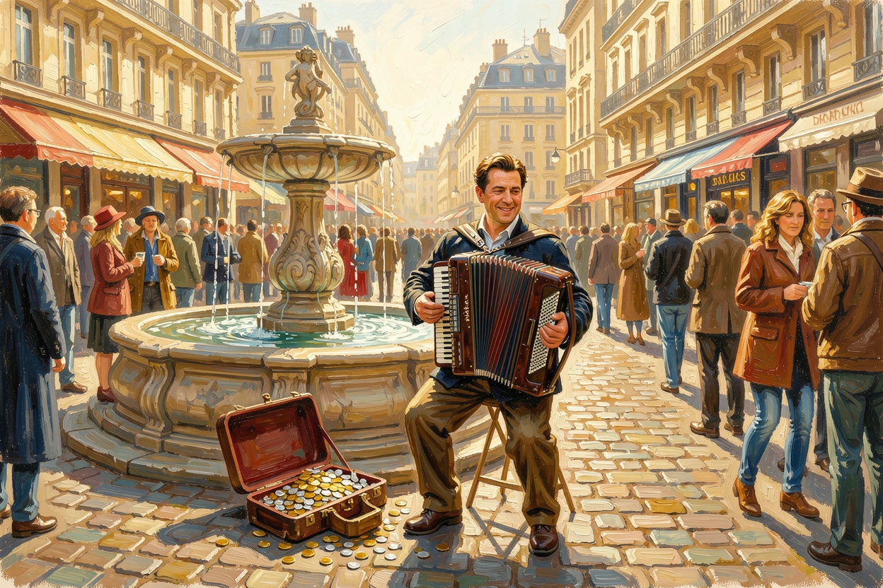 A street musician plays an accordion beside a fountain in a Parisian square, coins scattered in an open case at his feet, the surrounding crowd adding energy and movement to the edges of the composition.