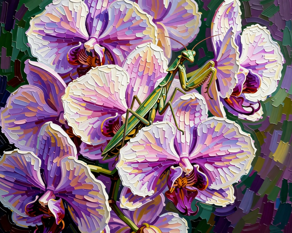 A praying mantis perfectly camouflaged among orchid petals