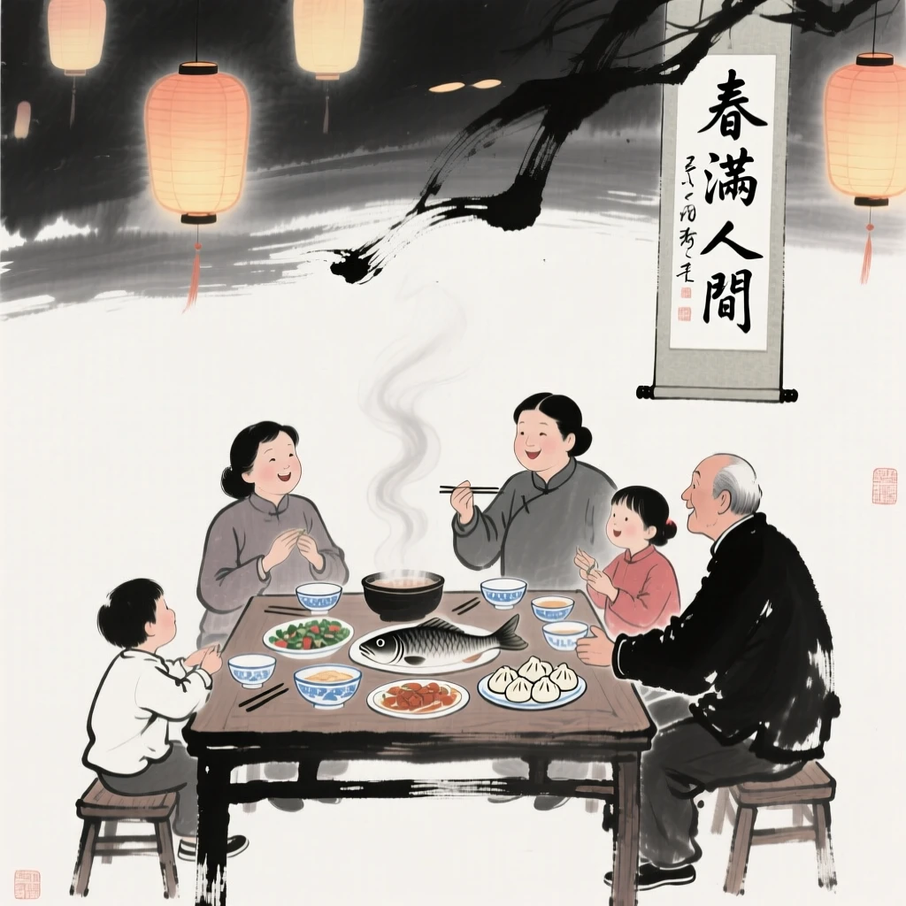 A family gathers around a table laden with food for a New Year feast, as lanterns glow warmly against the evening sky.