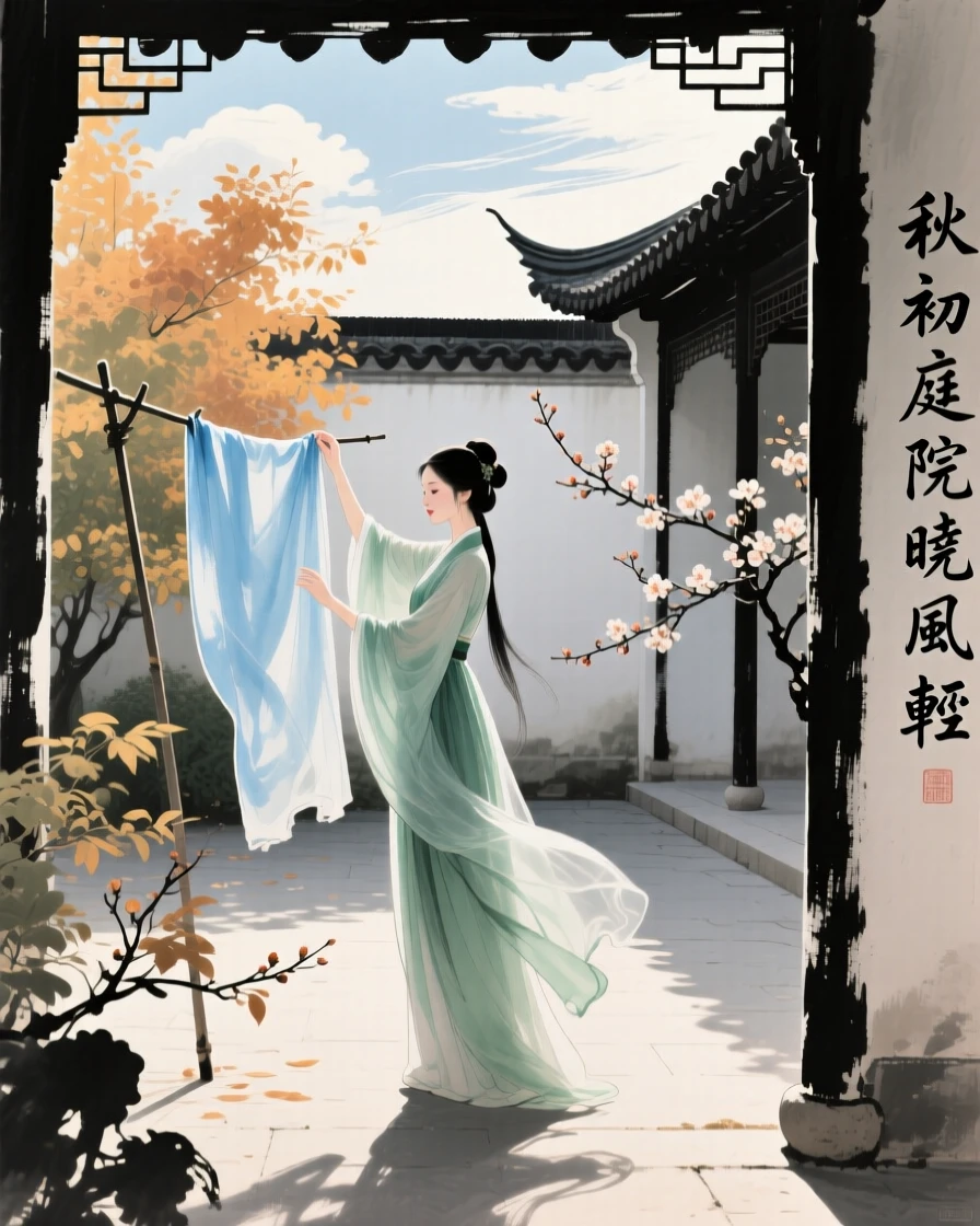 A woman hanging silk to dry in a sunlit courtyard, under drifting clouds, in a warm breeze carrying the scent of blossoms, at the turn of autumn.
