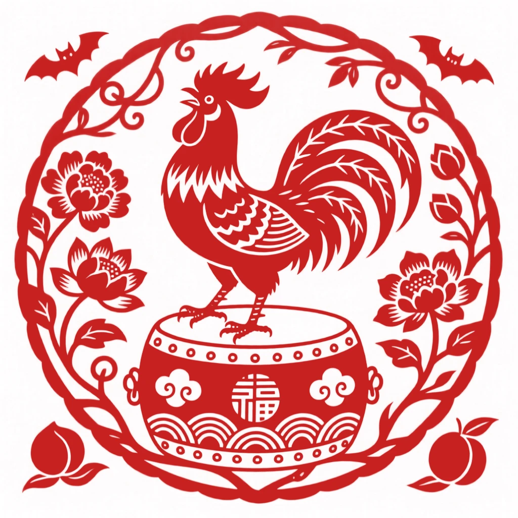 A rooster crowing atop a drum, arranged within a circular medallion, a design meant to welcome abundance into the home.