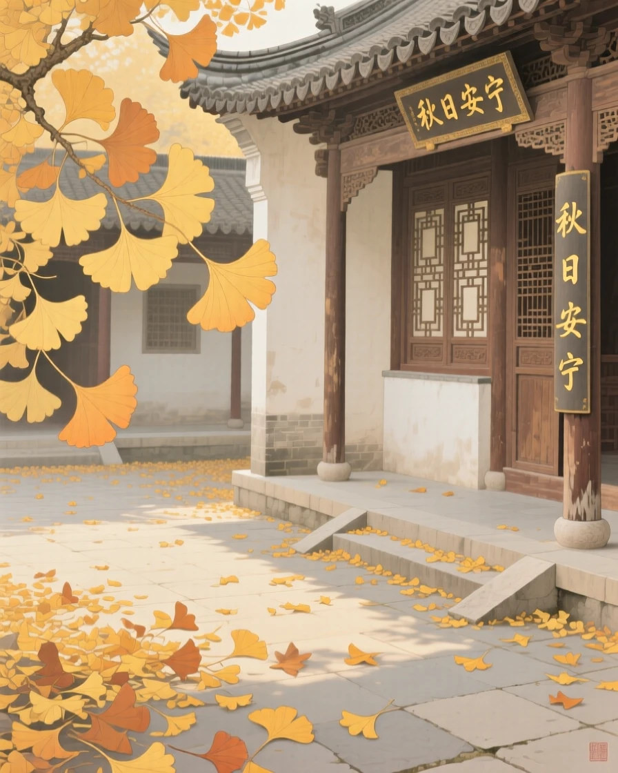 Golden ginkgo leaves scattered across a temple courtyard in autumn