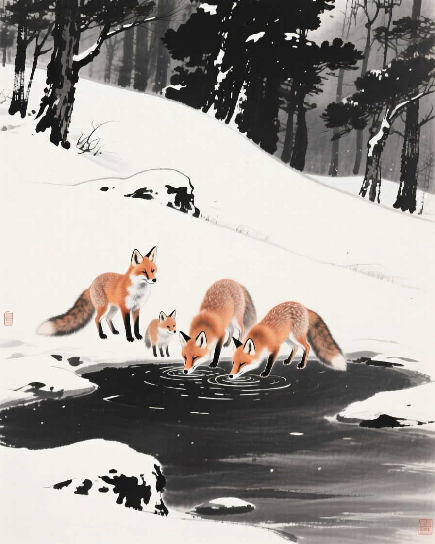 A family of foxes drinking from a still forest pool on a snow-covered hillside, positioned off-center, leaving space for the quiet landscape around it, carrying a sense of quiet dignity and wildness.
