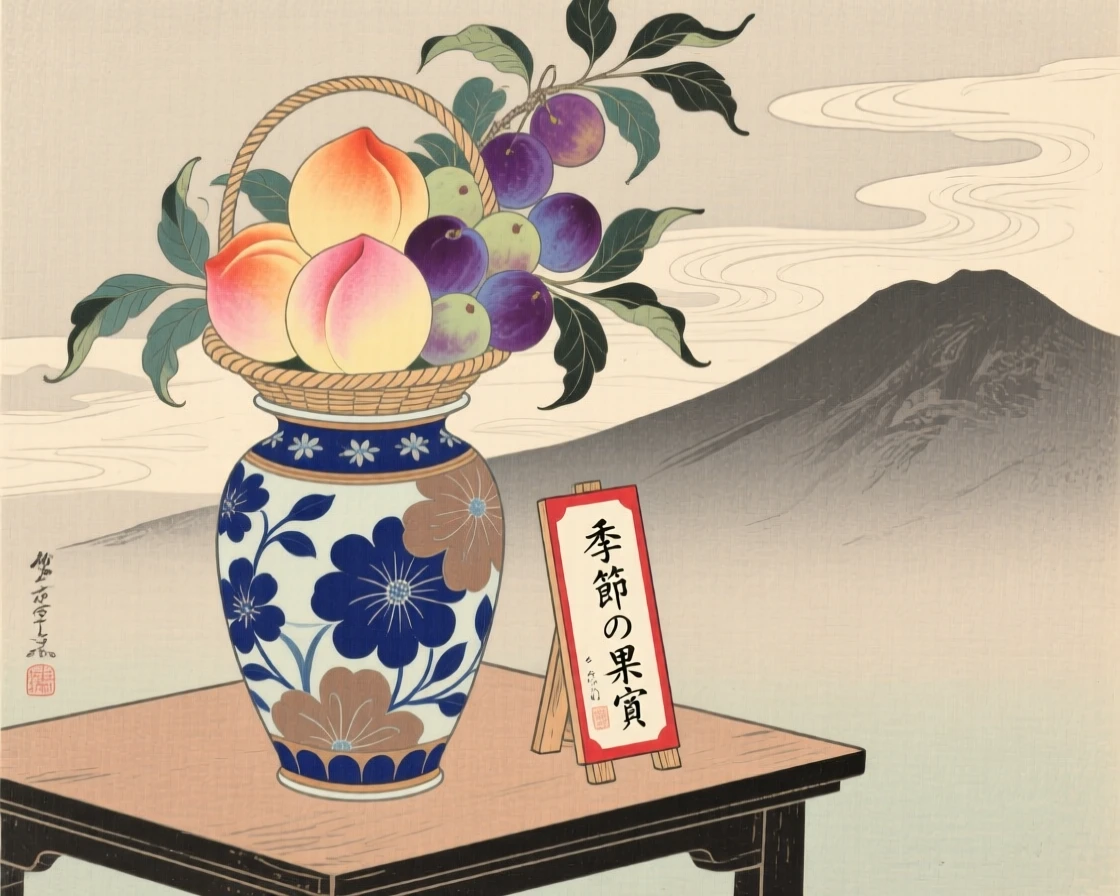 A basket of fresh peaches and plums arranged in a tall ceramic vase.