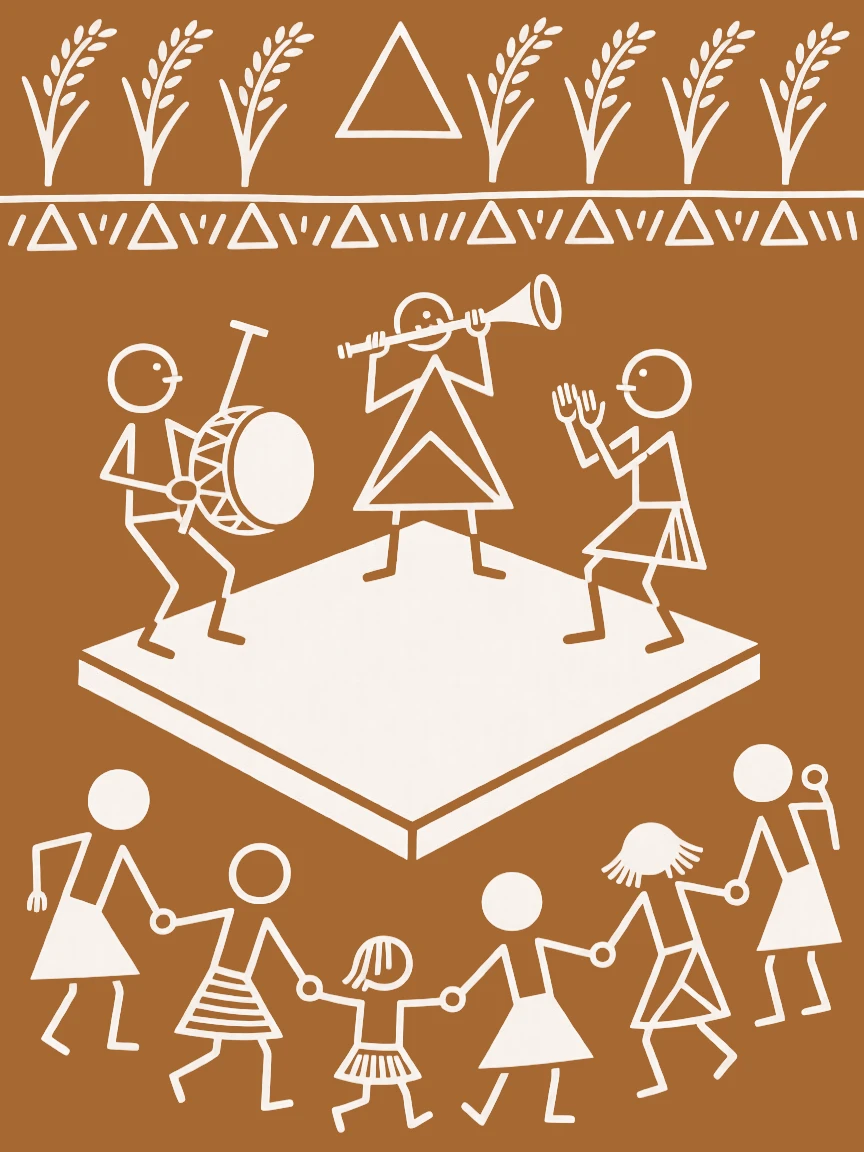 A composition centered on a harvest altar filled with musicians and celebrating families.