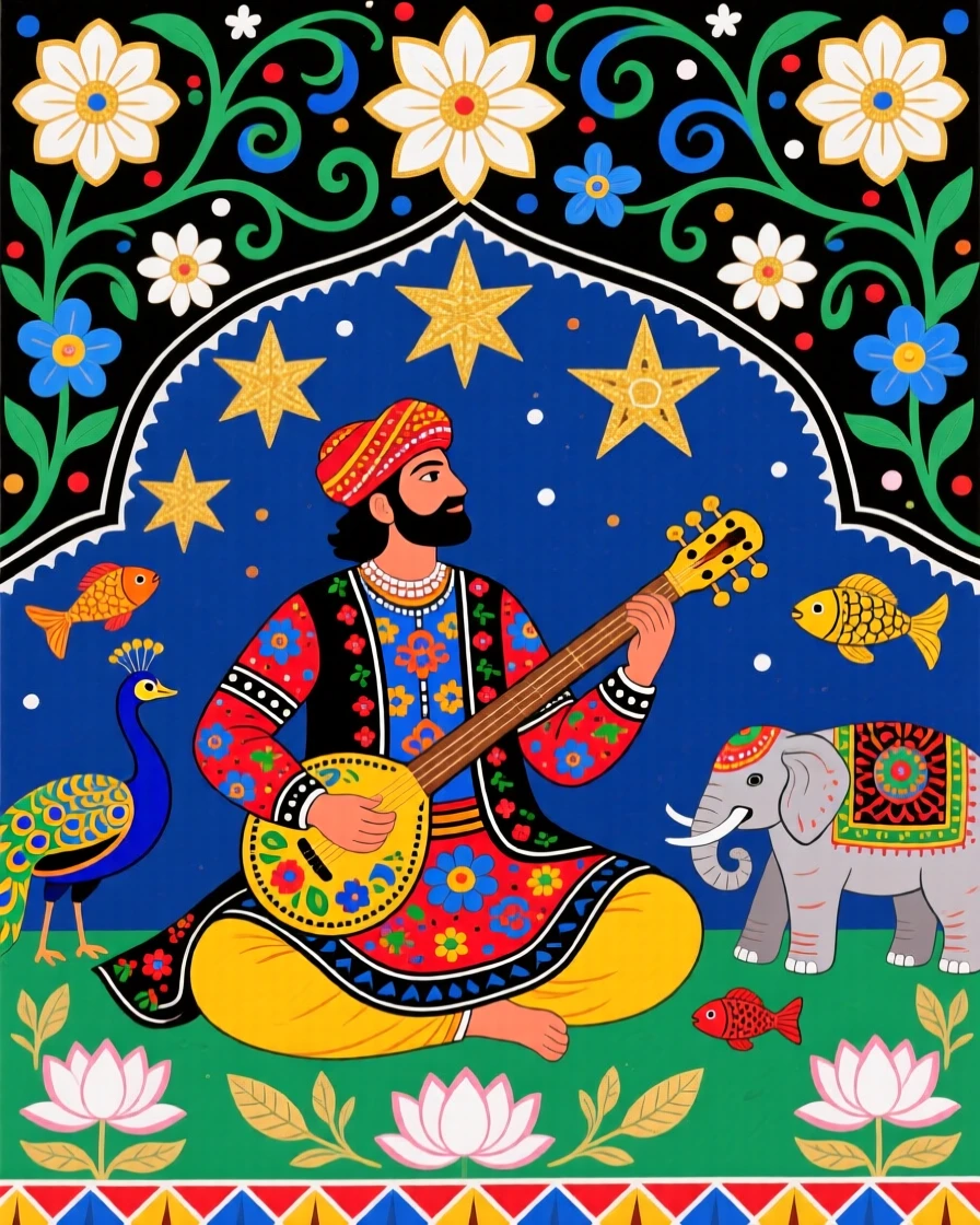 A wandering minstrel playing music beneath a canopy of stars.