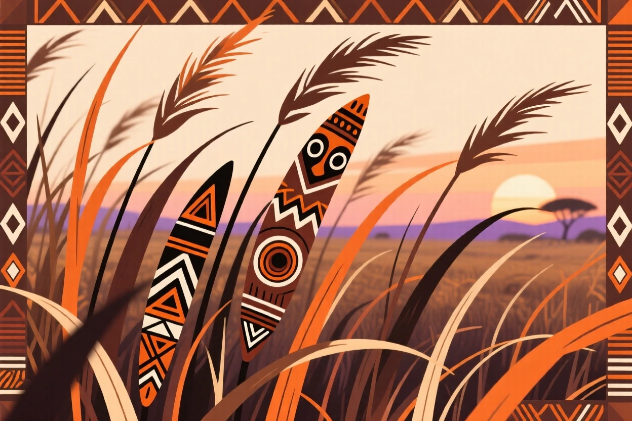 A field of tall savanna grass swaying gently in the evening breeze.