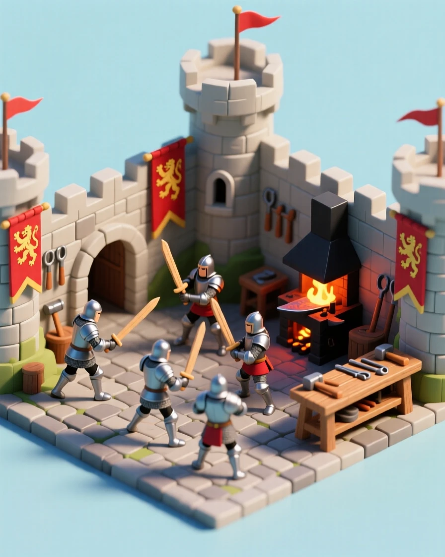 A medieval castle courtyard with knights practicing swordplay, banners fluttering from towers, and a blacksmith's forge glowing nearby.