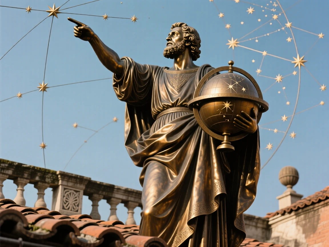 An ancient astronomer charting the stars from a rooftop, with rich period detail and grandeur, evoking legend and timeless drama