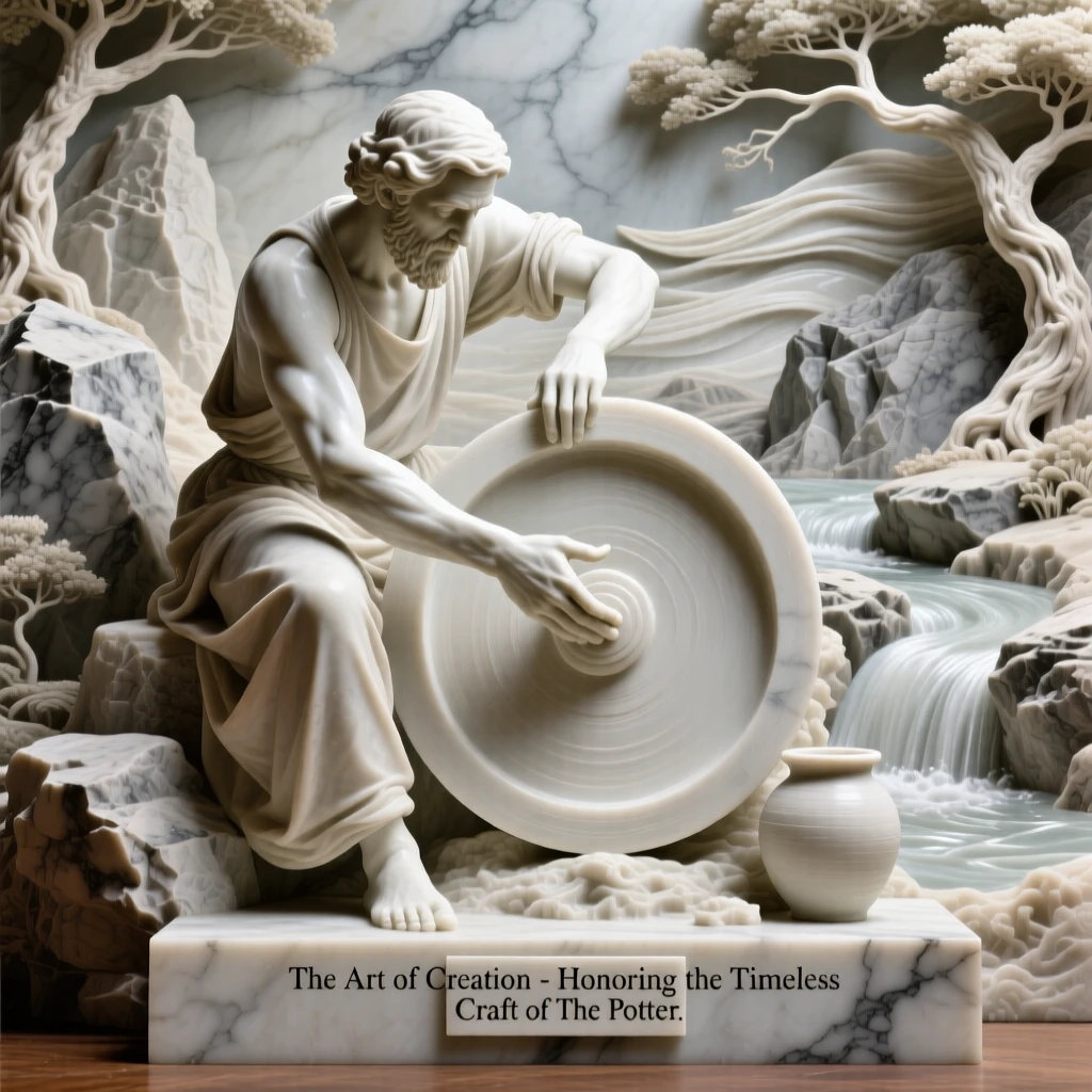 A beautifully composed image of a potter shaping clay on a spinning wheel, framed by dramatic natural scenery, full of atmosphere and visual storytelling
