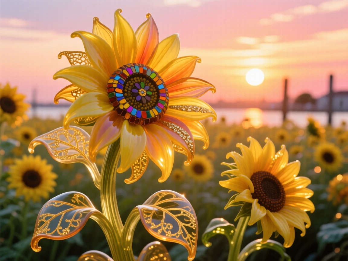 A field of blooming sunflowers glowing golden beneath a setting midsummer sun, joyful and radiant.