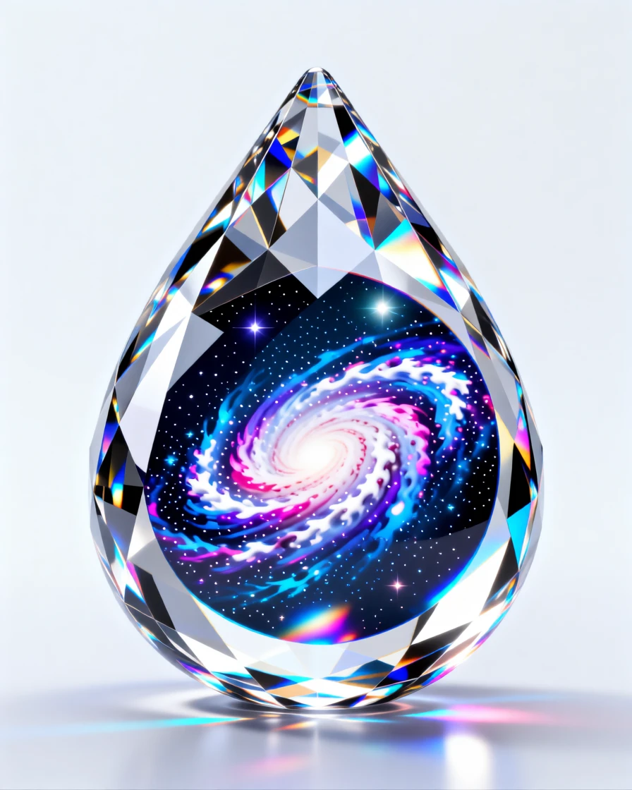 A surreal spiral galaxy reflected perfectly within a single dew drop.