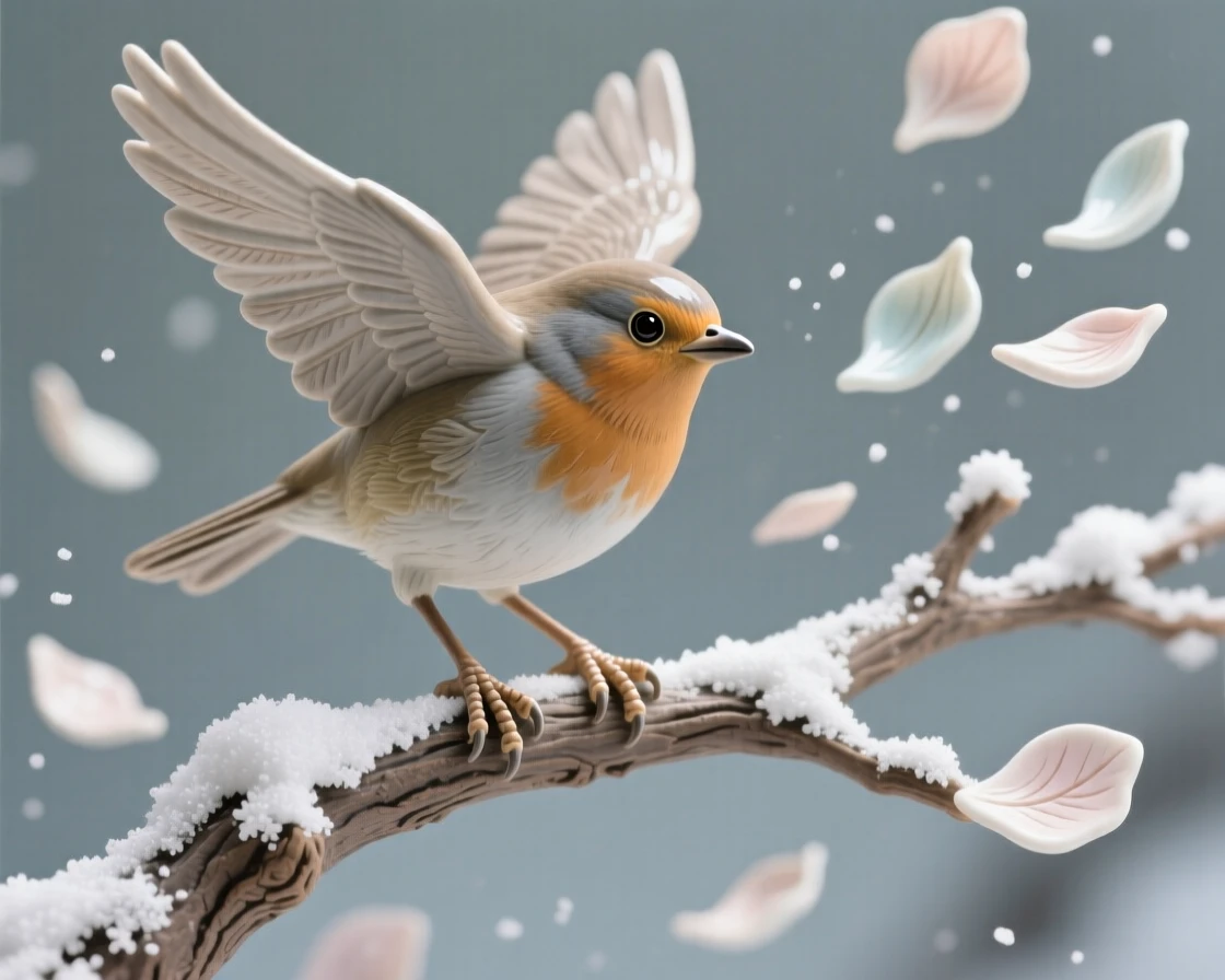 A robin perched on a snow-dusted branch captured mid-flight with wings fully spread, surrounded by a scatter of drifting petals, stirring quiet joy and gentle wonder.