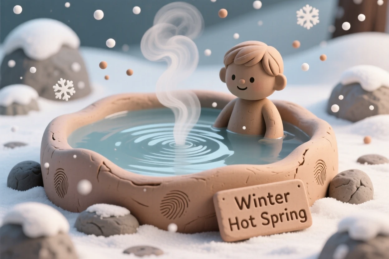 A winter hot spring steaming gently amid falling snowflakes