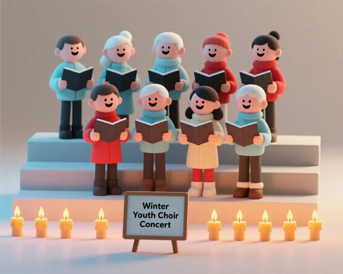 A cheerful youth choir sings together on risers, faces lit warmly by candlelight during a winter concert.