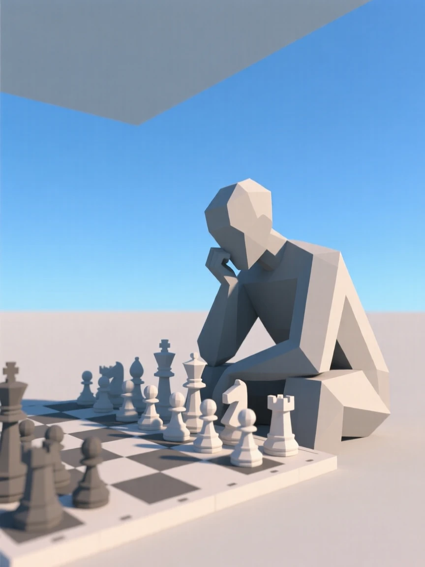 A chess player deep in thought over a game, beneath a clear blue sky. the composition balances subject and open space. The mood feels adventurous and free.