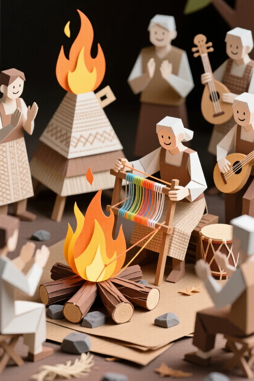An artisan textile weaver gathered around a crackling bonfire, with delicate details evident in every gesture, capturing joyful communal celebration.
