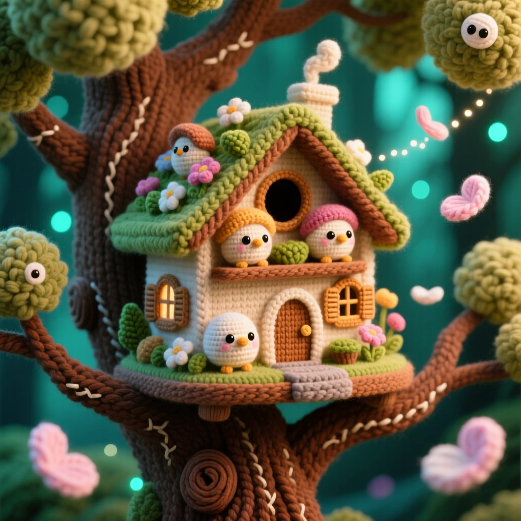 a miniature village built inside a giant birdhouse, with tiny rooftop gardens, nestled in the branches of an old oak, nestled within a softly glowing forest, with a trail of soft floating petals, evoking cozy, whimsical enchantment.