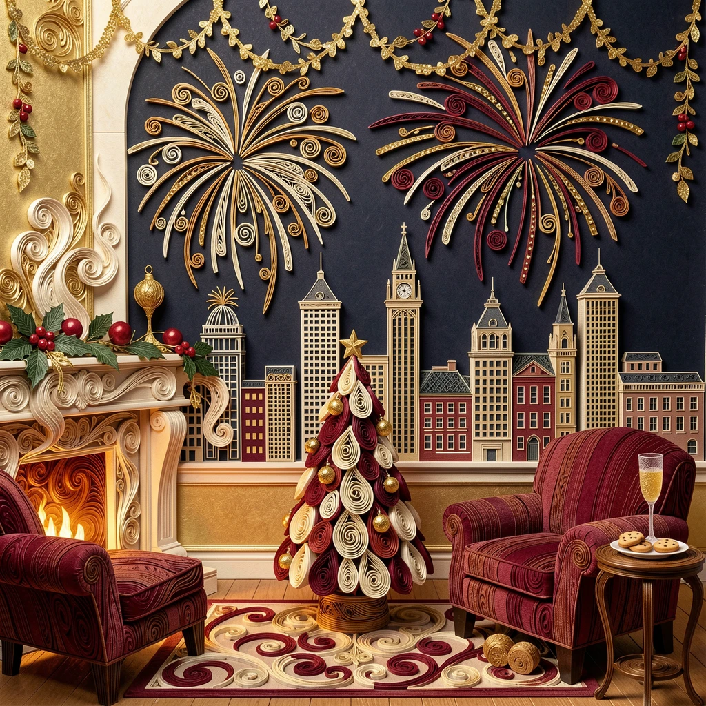 a New Year's Eve fireworks display over a city skyline, in a cozy living room decorated for the holidays, composed with rich layered foreground details, in a festive palette of gold, ivory, and deep crimson.