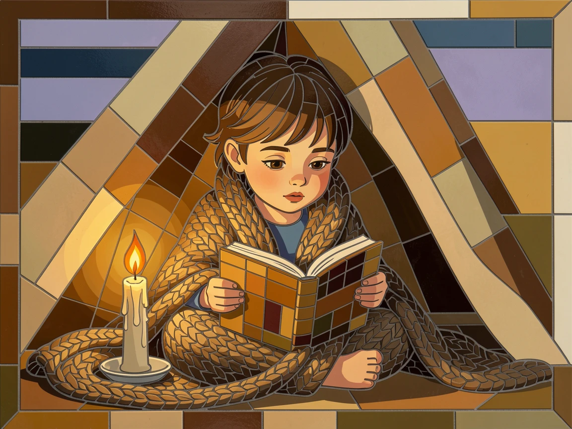 A warm, expressive portrait of a child reading a book by candlelight in a cozy blanket fort, with soft natural lighting and rich emotional detail.