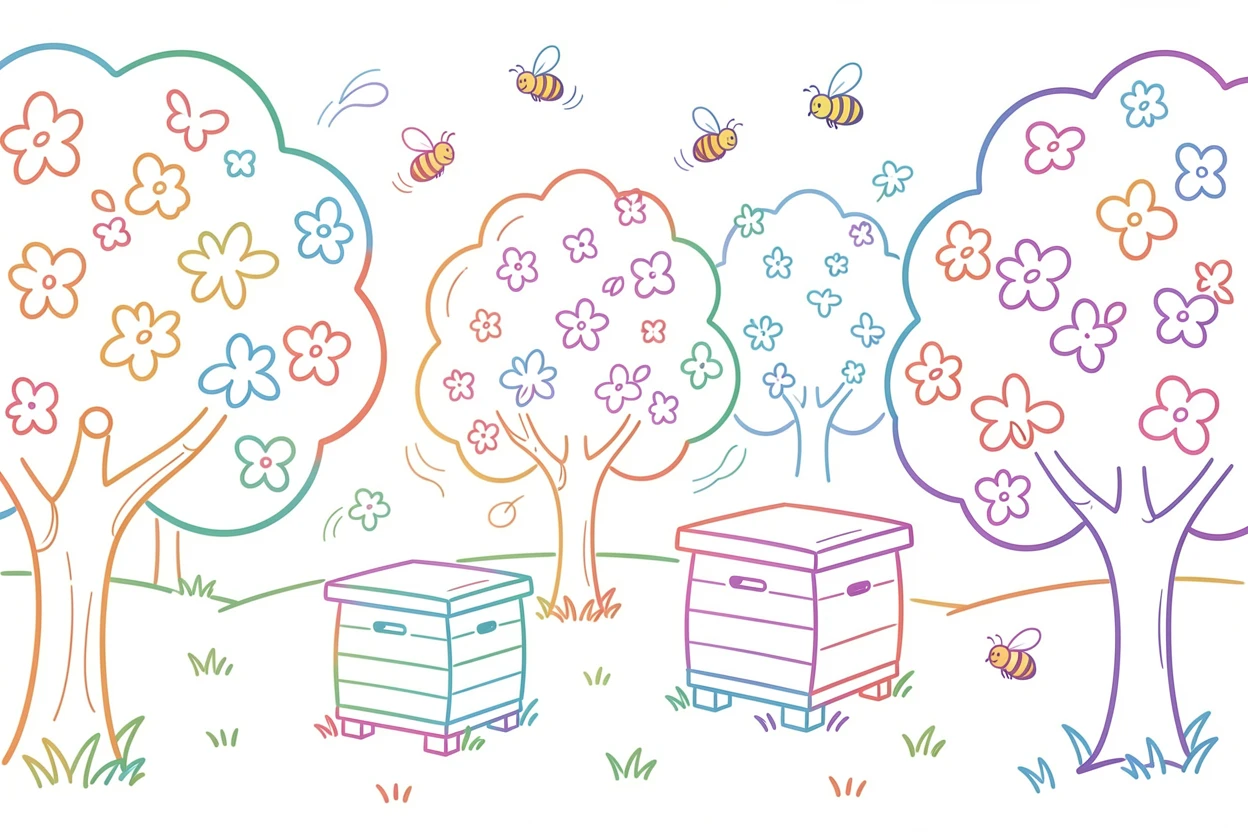 A spring orchard with beehives buzzing beside rows of blossoming trees.