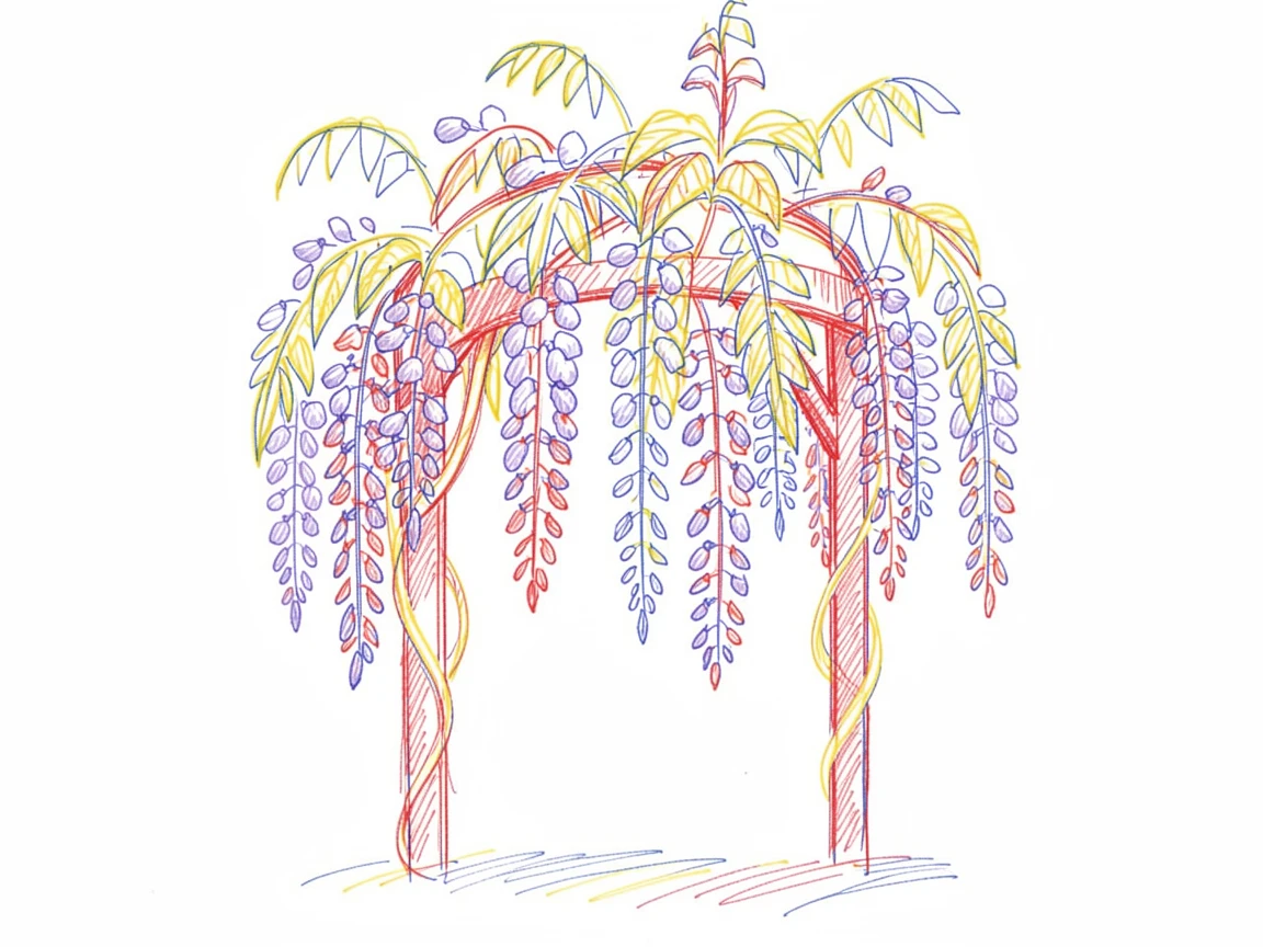 A cascading wisteria arbor dripping with lavender blossoms