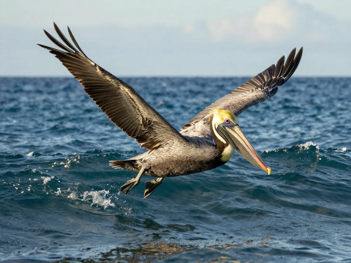 A pelican gliding just above ocean waves