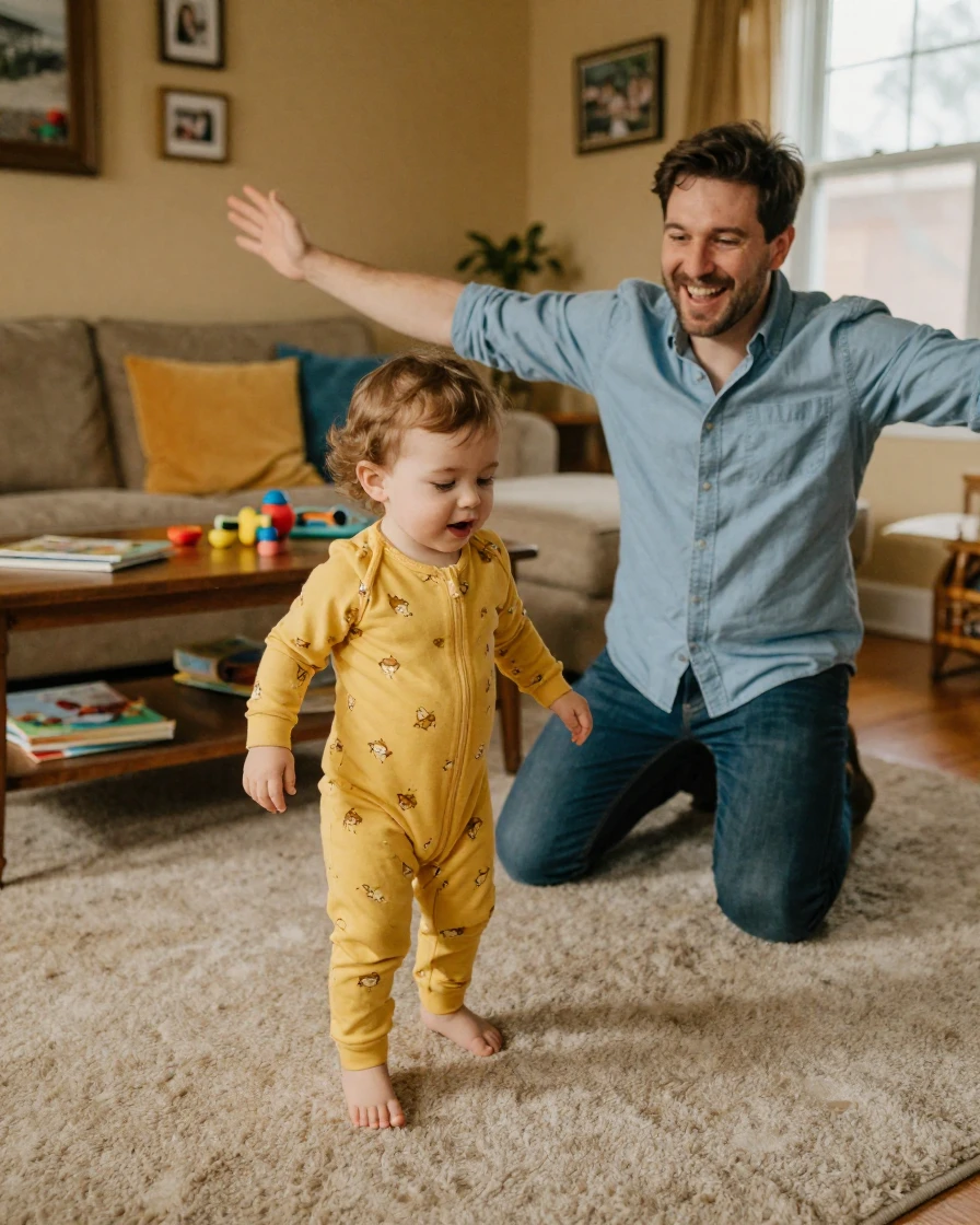 A toddler takes her very first wobbly steps across a living room toward her father's outstretched hands.