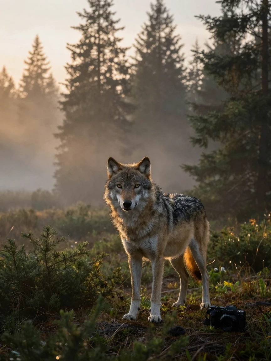A lone wolf standing at the edge of a misty forest clearing at dawn
