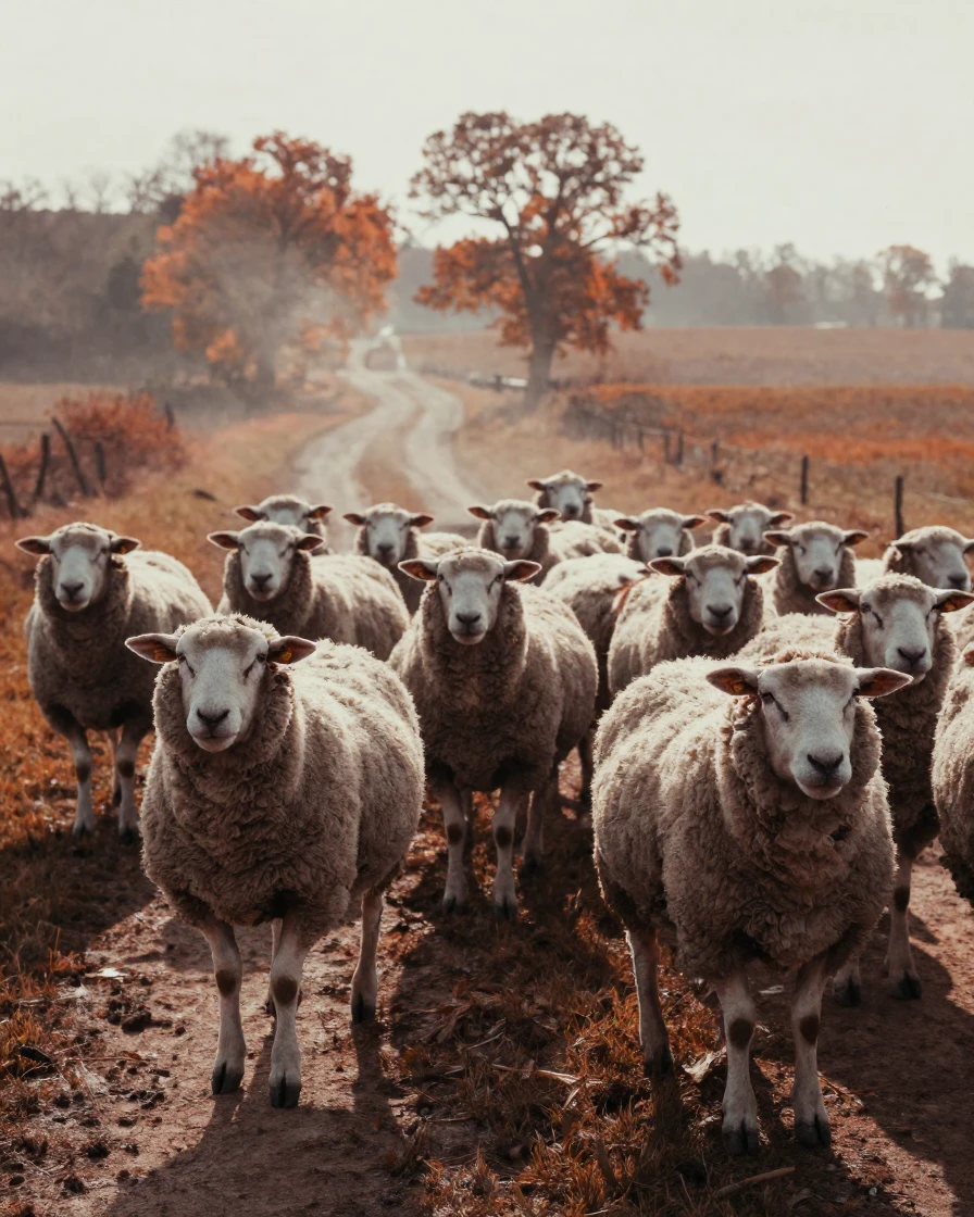A flock of sheep being herded down a narrow country lane, under harsh midday sun, as mist rises off the ground, in late autumn, in earthy terracotta and ochre shades, in a tight close-up.
