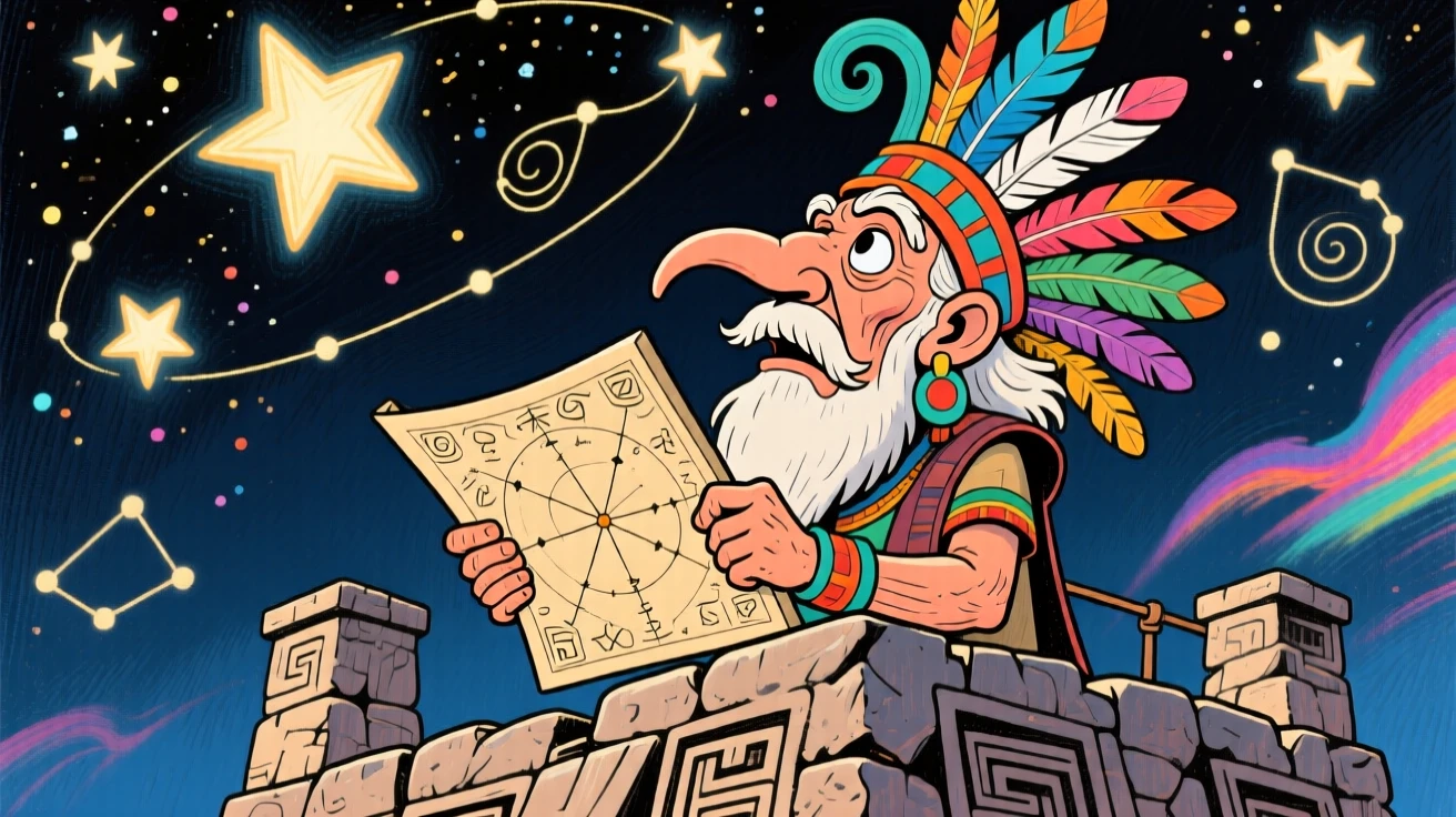 An ancient Mayan astronomer gazing up at the stars from a stone observatory.