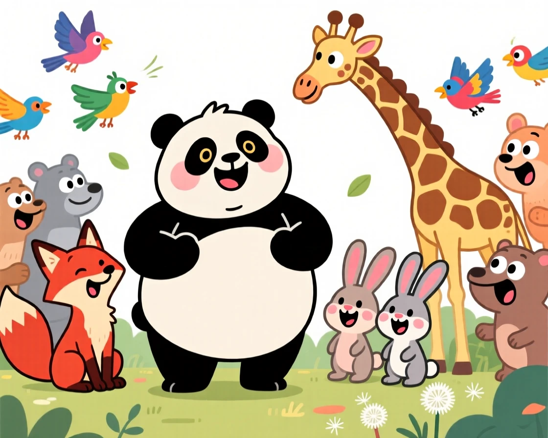 A charming animal moment featuring a plump panda showing off in front of an admiring group of onlookers, surrounded by curious onlooking animals.