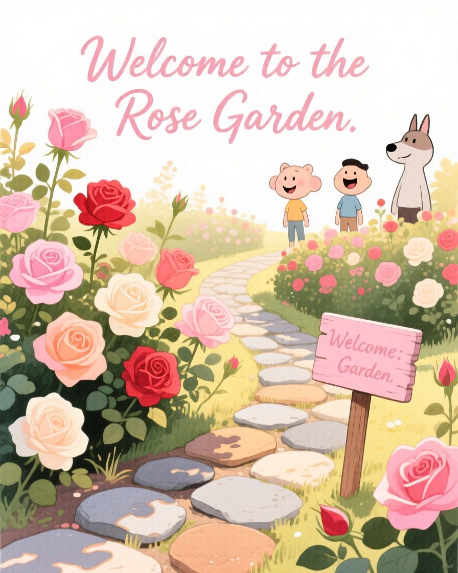 A serene landscape of a rose garden in full bloom surrounded by a stone path bathed in warm afternoon sun