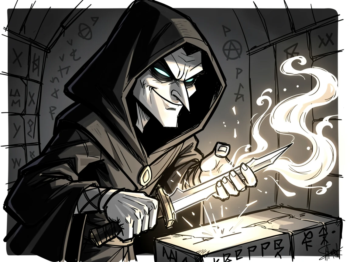 [Fantasy & Imaginative Scenarios] Imaginative fantasy scene of a legendary shadow assassin forging a legendary enchanted blade, brimming with wonder
