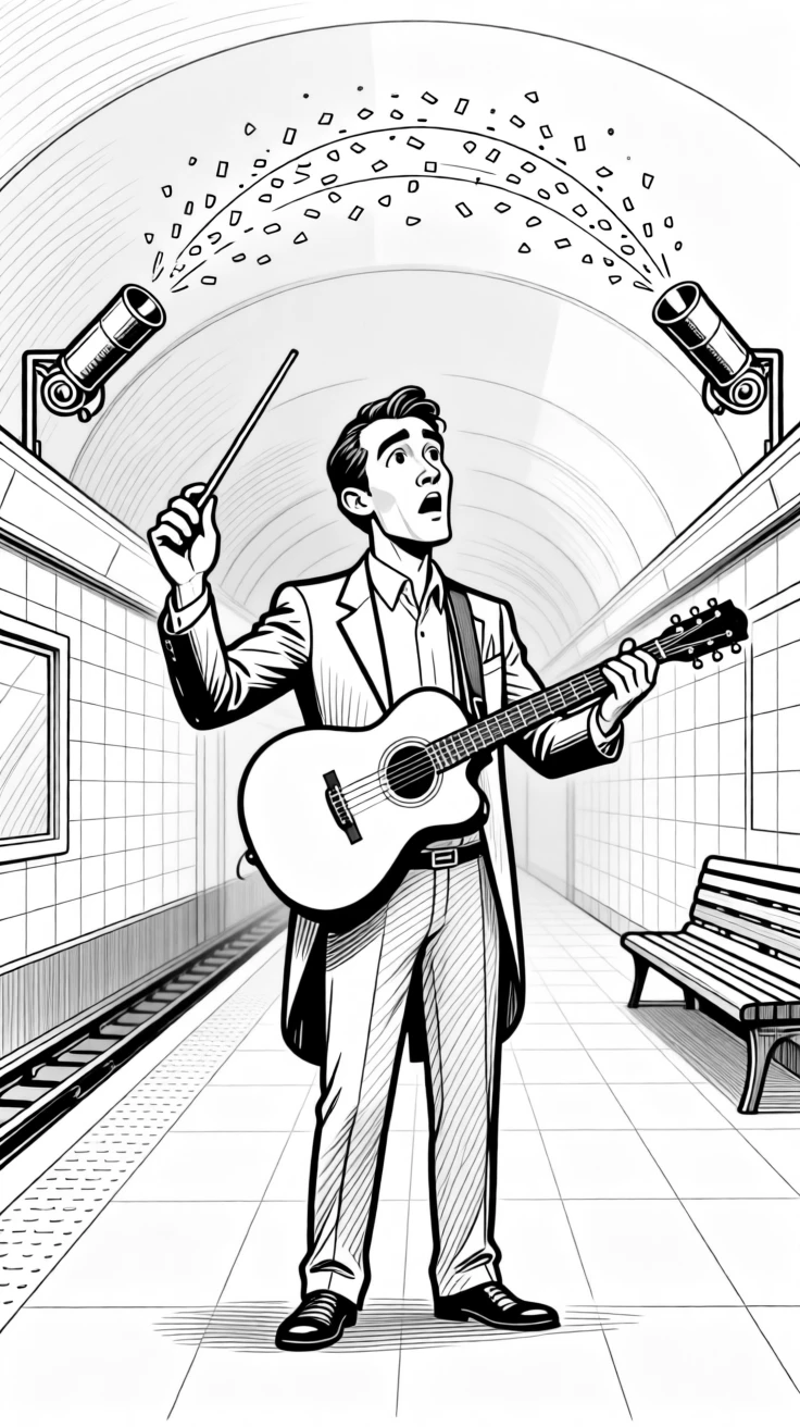 A conductor waving his baton with theatrical intensity, windmilling an arm across an invisible guitar, set in a subway station with great acoustics. Confetti cannons fire in perfect sync with the beat. The image feels like the exact instant a song becomes unforgettable.