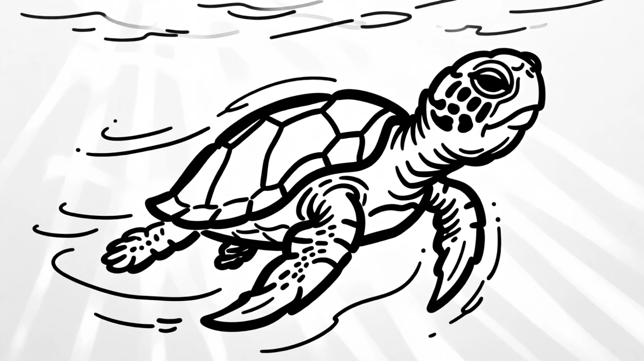 A sea turtle gliding gracefully through sunbeams filtering into clear blue water.