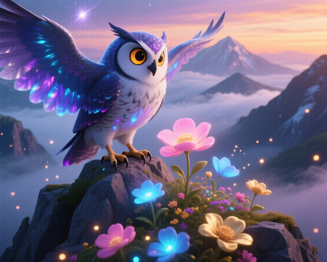 A celestial owl messenger stands atop a mountain wrapped in swirling mist, tending to a garden of luminous flowers. The atmosphere feels mystical yet warmly inviting, with tiny sparkles drifting through the air.