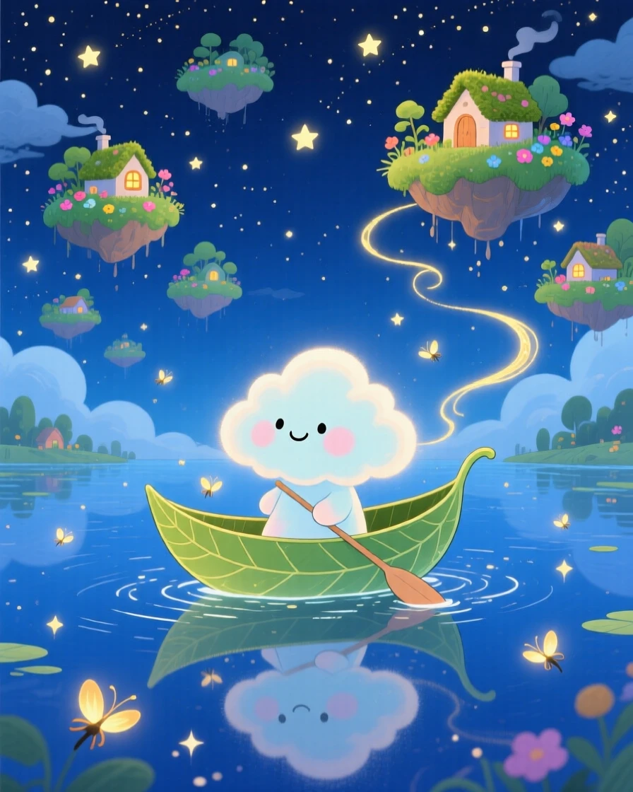 A cloud spirit pauses from riding a floating leaf boat across a starlit lake to marvel at a sky full of drifting islands, with fireflies weaving glowing trails.