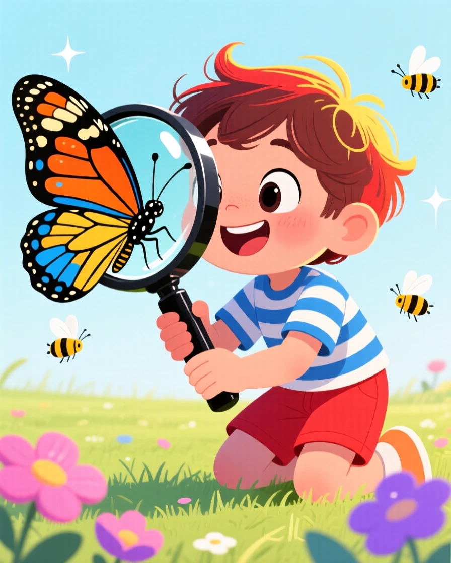 A child holding a magnifying glass up to examine a butterfly wing.