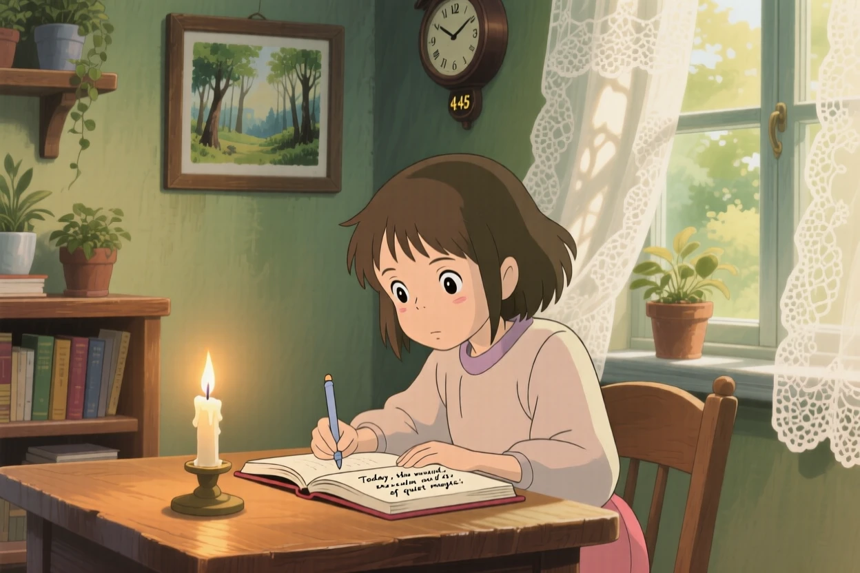 A girl writing in her diary by candlelight, sunlight streaming through lace curtains, the whole scene feeling peaceful and unhurried.