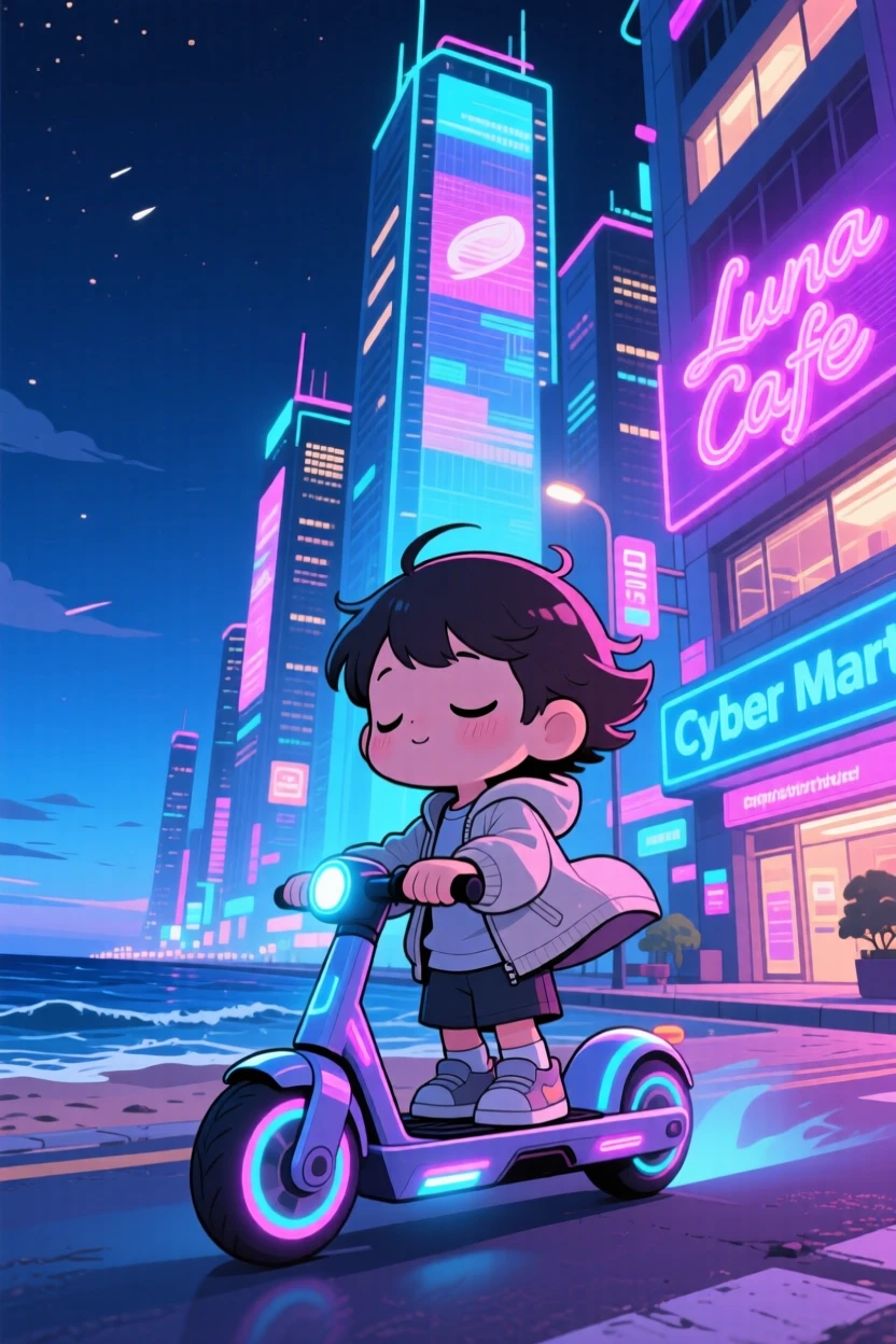 In a glowing futuristic cityscape at night, a child is riding a hover-scooter through a neon-lit city street on a breezy coastal afternoon, bathed in cool blue twilight glow, expression full of sleepy relaxation. Shot as a low-angle shot looking up.