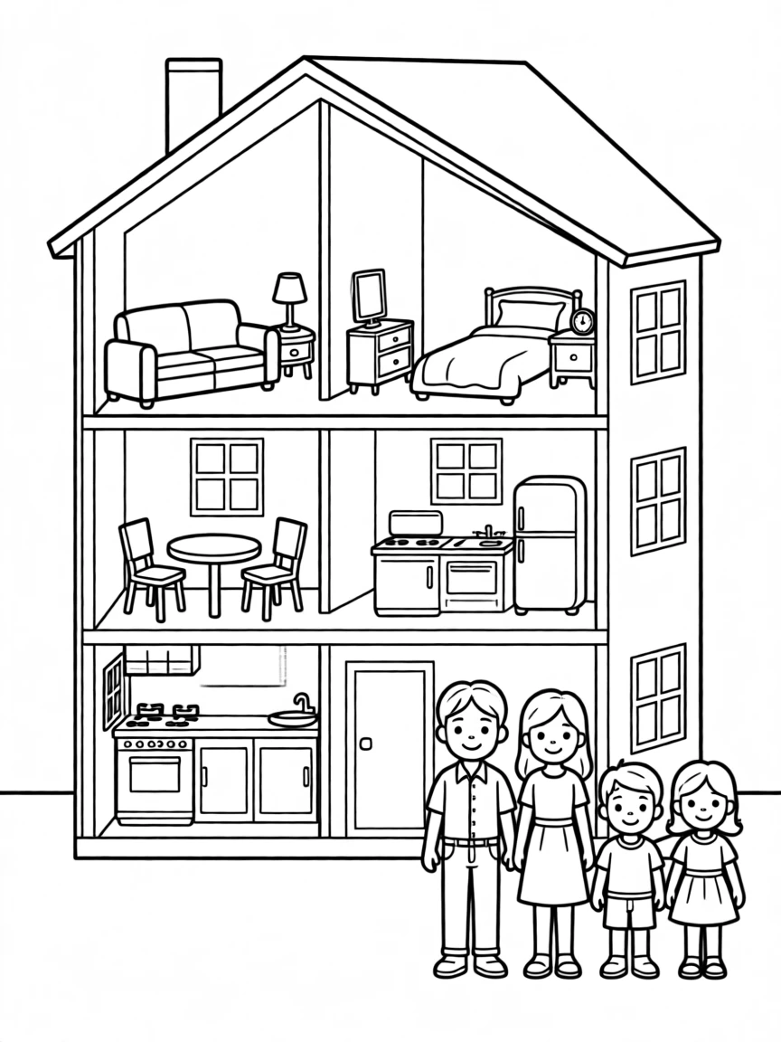 A dollhouse with tiny furniture and a family of dolls