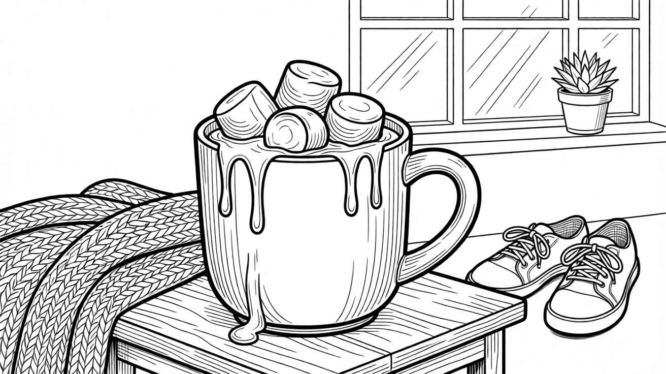 A hot chocolate mug with marshmallows melting on top, with soft natural light streaming in from a nearby window.