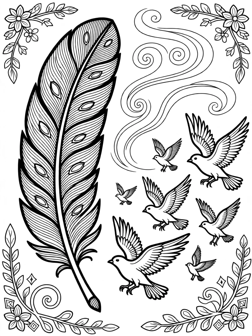 A single feather transforming into a flock of birds mid-flight.