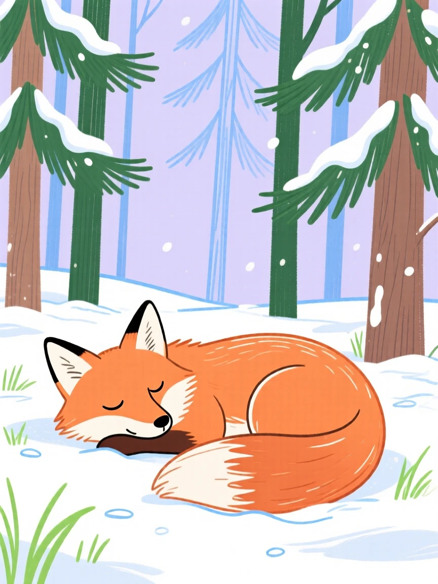 A curious fox napping in a snowy pine forest on a quiet summer afternoon.