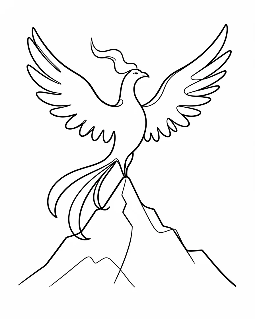 A phoenix rising with wings outstretched above a mountain peak