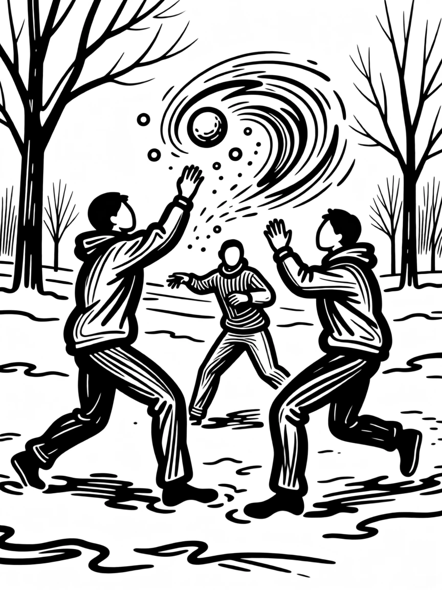 A winter snowball fight between friends in a snow-covered park.