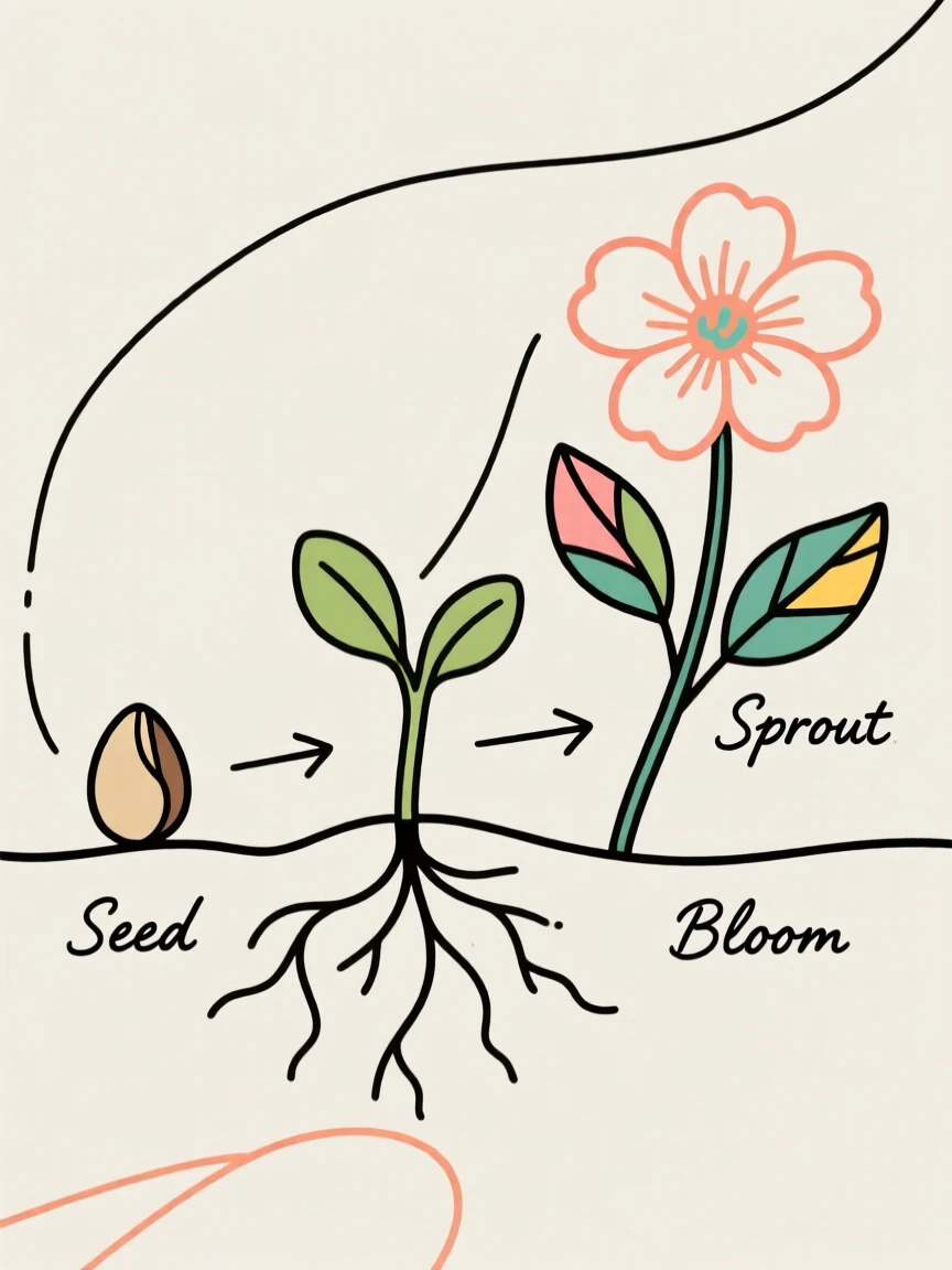 A detailed illustration of a plant's life cycle from seed to bloom.