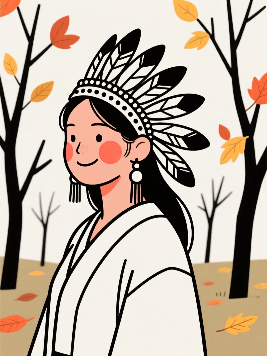 A young woman of Peruvian heritage wearing a Native American ceremonial headdress, smiling warmly, in an autumn orchard.