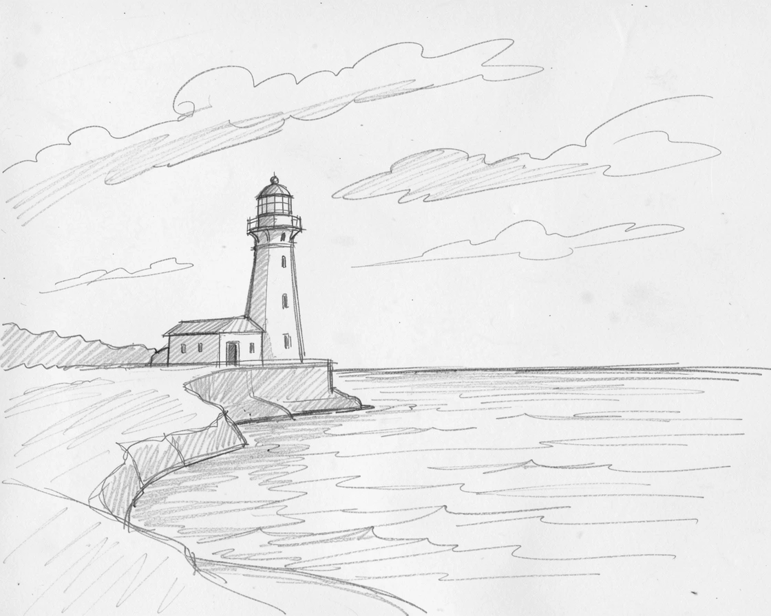A serene, inspiring scene of a lone lighthouse standing against a calm sea, beneath a vast open sky, evoking deep calm and clarity.